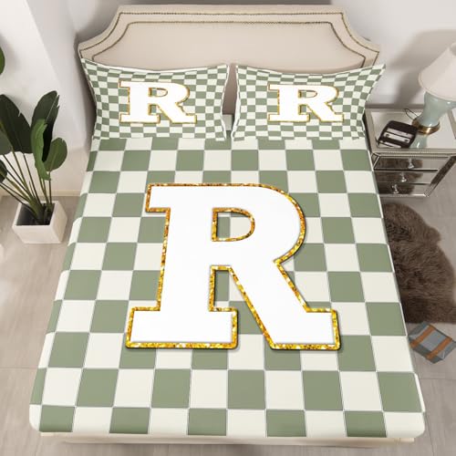 Image of Erosebridal Sage Green Checkered Bedding Set King Plaid Initial R Bed Sheets Personalized Monogram Sheet Set Kids Boys Girls,Fashion Grids Gingham Fitted Top Sheets 4 Piece