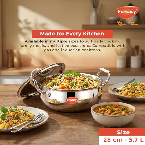 Image of Praylady Triplus+ Pro Triply Biryani Handi | 28 cm | 5.7 L | Dum Biryani Cooking Pot | Patila | Even Heat Distribution | Non Toxic | Less Oil Use | SS Lid | Stock Pot | Induction & Gas Stove Ready