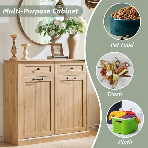 Image of IFGET Double Tilt Out Trash Cabinet, Wood Trash Can Cabinet, Natural
