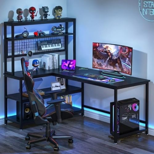 Image of L Shaped Table | Wooden Office Table with Bookshelf | Computer Desk with Storage Shelves for Home & Office | Modern Workstation Desk for Laptop, Study & Work from Home Setup | Black | 140x50x150 cm