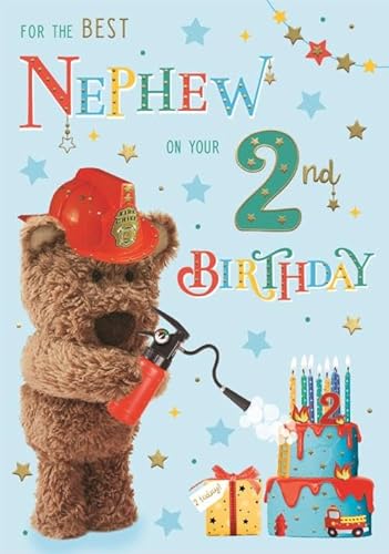 Nephew 2nd Birthday Card - Age 2 - Best Nephew - Barley Bear Teddy Fireman Design - Special Finishes - Made in the UK
