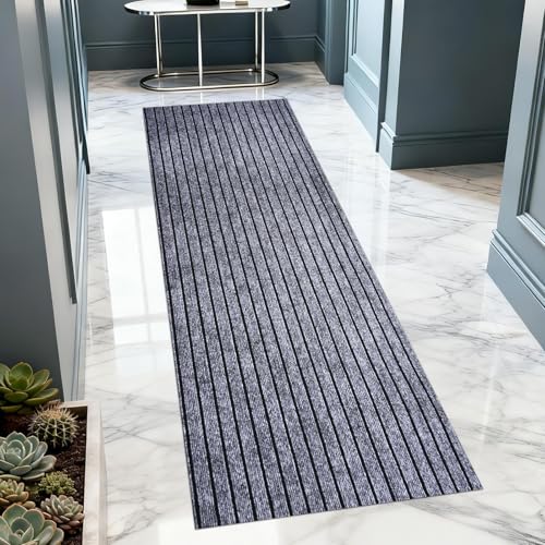 2x6 ft Outdoor Runner Rug Non-Slip Indoor Outdoor Carpet Runner with TPR Backing Waterproof Mat for Hallway Kitchen Patio Garage Deck Entryway Grey Wide Stripes