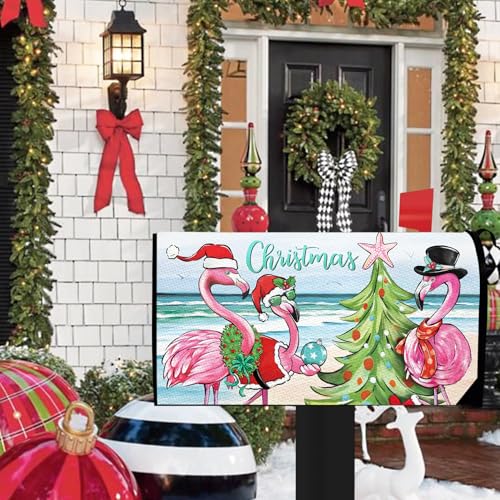 Image of Beach Christmas Flamingo Mailbox Cover Magnetic Standard Size 21 inch x 19 inch, Xmas Tree Coastal Decorative Post Letter Box Wrap Decor, Nautical Winter Holiday Garden Yard Outdoor Decoration