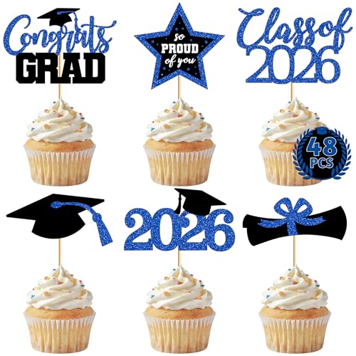 Image of 48 PCS Grad Cupcake Toppers, 6 Styles Graduation Cake Topper, Congrats Graduation Decorations 2026, Glittery Black and Blue Cap and Diploma Cake Picks for Grad Decor Party Supplies