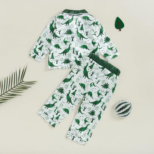 Biayxms Toddler Boy Silk Pajamas Set Button Down Dinasour Long Sleeve Shirts Tops and Pants Two Piece Satin Pj Lounge Sets3