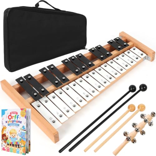 Image of lotmusic Xylophone for Kids, Glockenspiel Xylophone 27 Note Percussion Kit Musical Instruments with Soogbook & Carry Bag for Toddlers Adults, Birthday Educational Gift Metal Keys (White & Black)