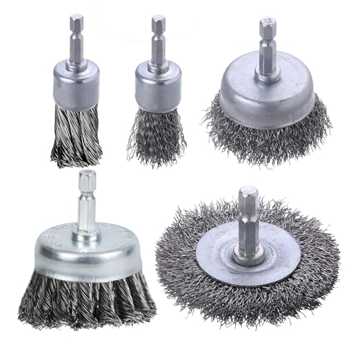 Image of 5 Pcs Wire Brush for Drills Set, Carbon Steel Wire Wheel Brush Cup Brush, 1 /4-Inch Hex Shank Wire Brush Drill Attachments for Cleaning Rust, Paint, Abrasive