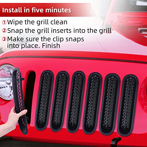 Image of AggAuto Grille Inserts for Jeep Wrangler JK JKU 2007-2015 Matte Black | Car Front Mesh Grill Cover Accessories 7 Pcs