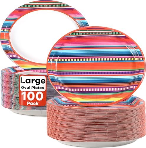 100 PCS Mexican Serape Fiesta Oval Paper Plates 11