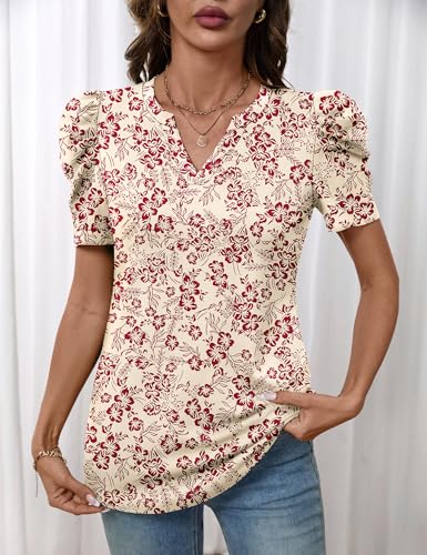 Image of LOMON Spring Summer Tops for Women 2026 V Neck Puff Short Sleeve Tops Fashion Trendy Work Blouses Dressy Casual S-XXL