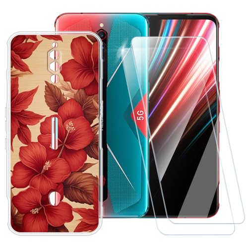ESACMOT Funda con patrón de flores rojas compatible con ZTE Nubia Red Magic 5G + [2 unidades] Protector de pantalla de vidrio templado, funda a prueba de golpes para ZTE Nubia Red Magic 5S (6.65