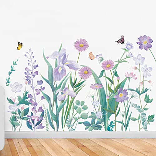 Runtoo Purple Flowers Vinilo Decorativo con Mariposas para Pared