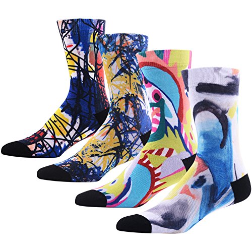 Novelty Funny Cartoon Socks for Men, MEIKAN Crazy Digital Printing Colorful Graphic Pattern Socks 4 Pairs, Color 7,One Size