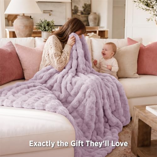 Image of Bedsure Fluffy Bubble Faux Fur Queen Blanket, 90 inchx90 inch, Light Purple