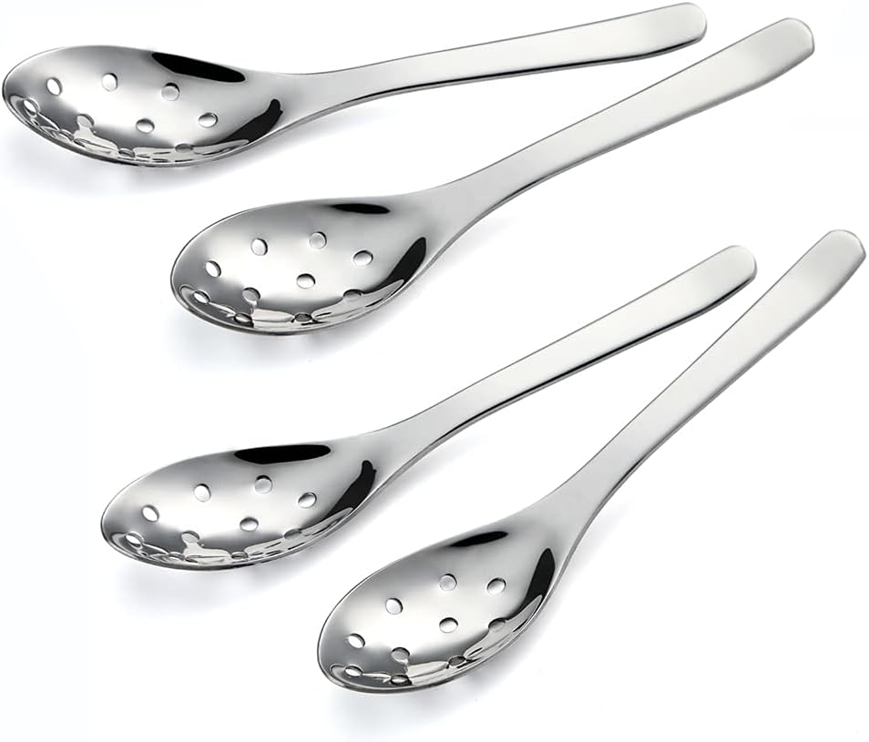 Small Slotted Spoons,4Pcs Modern Stylish Thick Heavy-Weight Short Handle Stainless Steel 10 Holes Durable Caviar Spoon for Soup Cereals Dips Curry Sauces Stews