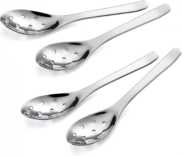Small Slotted Spoons,4Pcs Modern Stylish Thick Heavy-Weight Short Handle Stainless Steel 10 Holes Durable Caviar Spoon for Soup Cereals Dips Curry Sauces Stews