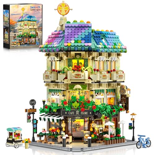INSOON Blumen Cafe Haus Bauspielzeug mit Licht 1876 Stück Stadt Laden Architektur Bausatz Modell Kaffee Häuser Klemmbausteine Konstruktion Modell Geschenk für Erwachsene Jungen Mädchen ab 12 Jahren