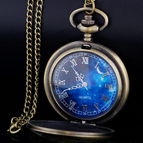 Tiong Exquise Starry Blue Hollow Case Quartz Pocket Watch Roman Numerals Retro Watches Souvenir Christmas Graduation Birthday Gifts Fathers Day(24-Bronze) #TOP2