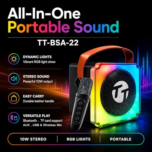 Image of Target TT-BSA-22 Portable Karaoke Speaker with Wireless Mic, RGB Lights, 10W Stereo, Bluetooth, USB, TF Card, AUX, Black