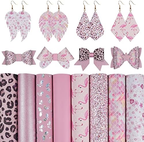 8 Pieces/Set 8x12 Inch (21cmx30cm) Faux Leather Sheets Mixed Champagne Gold Series Fine Chunky Glitter Patent Metallic Litchi Flamingo Pattern Leather Fabric for Bows Earrings Making Craft