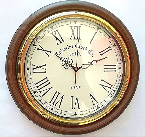 Q Time Handicraft Wooden Wall Clock 16 inch Round. Vintage Look Antique Style with Roman Numerals. for Wall Decor and Gift.
