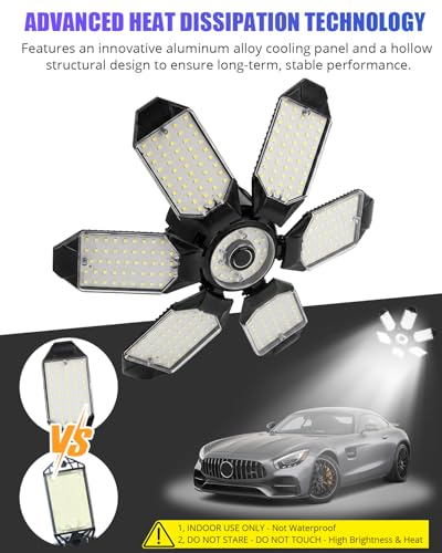 Image of Tudoccy LED Garage Lights 2 Pack, 34000LM 6-Panel Shop Light | 6500K daylight E26 /E27 screw-in bulb for workshop, basement, warehouse, attic ceiling fixture