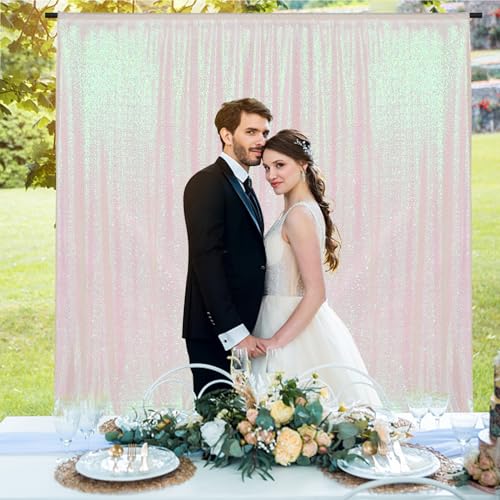 Image of PartyDelight Iridescent White Sequin Backdrop 8x8ft 4 Inch Rod Pocket | Iridescent white 3mm sequins show pink and purple tones under light on mesh backing for photos arches stages and party walls