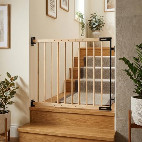 Treppenschutzgitter Holz 75,5–117 cm – Massivholz Treppengitter für Baby & Kleinkind, ohne Türschwelle, Doppel-Sicherheitsmechanismus, verstellbar, inkl. Montagematerial | EmsCraft24