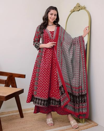 Image of ANNI Designer Women's Pure Cotton Anarkali Kurta Set for Women with Dupatta & Plazzo - Hand Block Print Suit Set | Stylish Dress | Cotton Kurta Set for Women