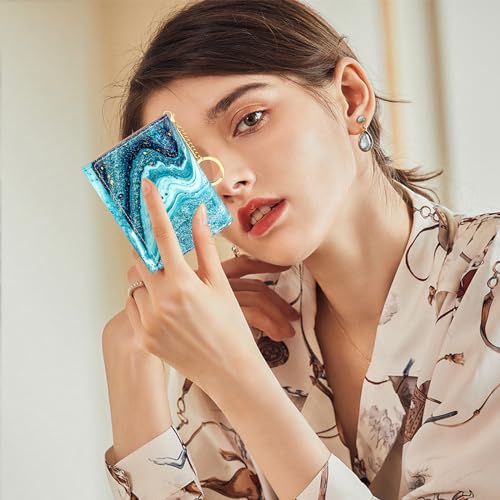 Image of Rouidr Womens Wallet, Small Slim RFID Card Wallets for Women, Cute Front Pocket Trifold Leather Card Organizer with 7 Slots & ID Window, Cyan Marble