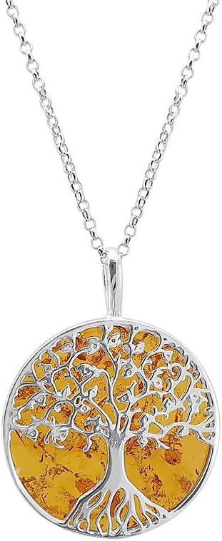 Kiara Jewellery925 Sterling Silver Amber Jewellery Large Tree Of Life Pendant Necklace Set Upon A Disc Of Brown Amber On 18" Italian Diamond Cut Rhodium Belcher Chain.