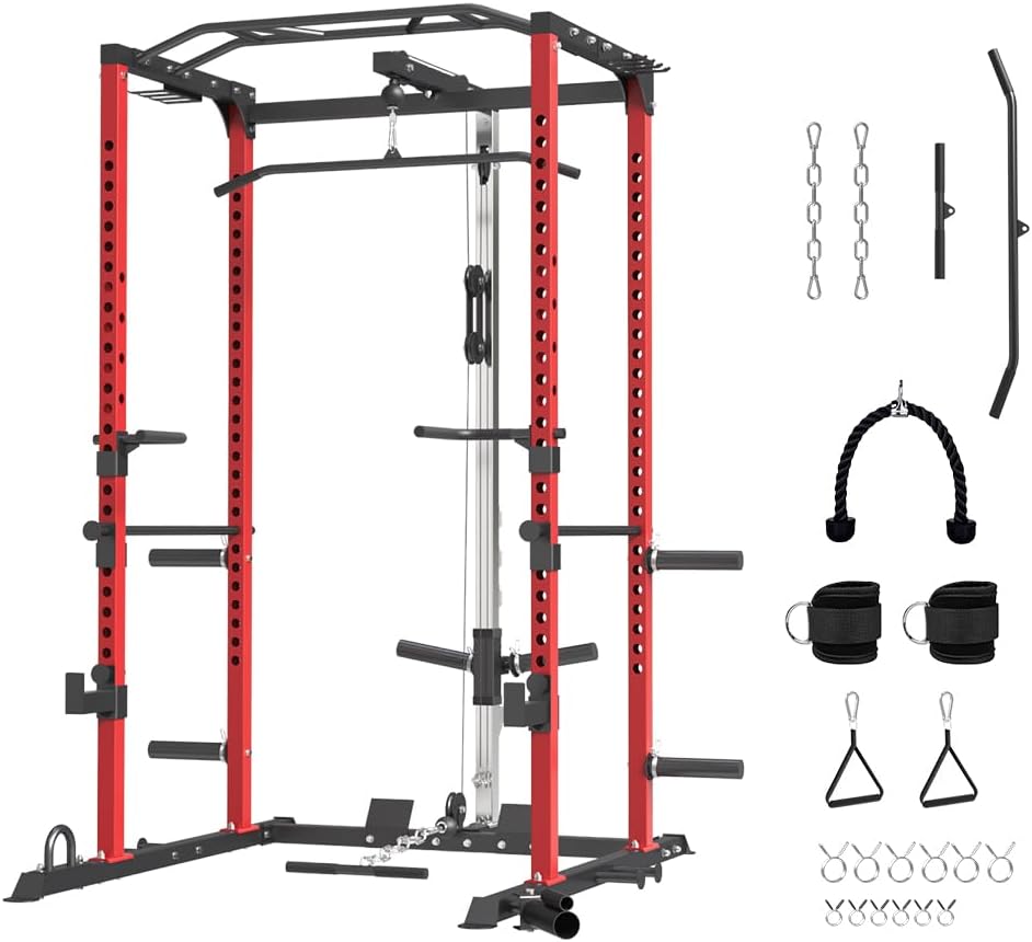 FAGUS Power Cage, Multi-Function Power Rack with LAT Pulldown, Seated Row, Cable Pulley System, J-Hooks, Dip Handles, Landmine, Squat Rack with Optional Cable Corssover, Smithe Attachment for Home Gym