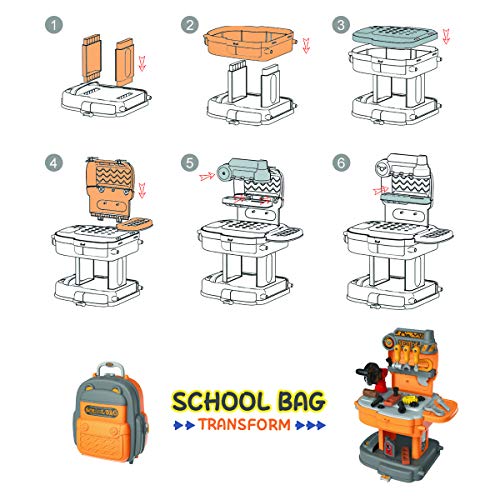 FREE TO FLY Toddler Toys Kids Tool Kits: 2 in 1 Transformable School Bag & Workbench, 31 Pieces Brick Blocks Work Shop Toy Set for Preschool Boys Girls,