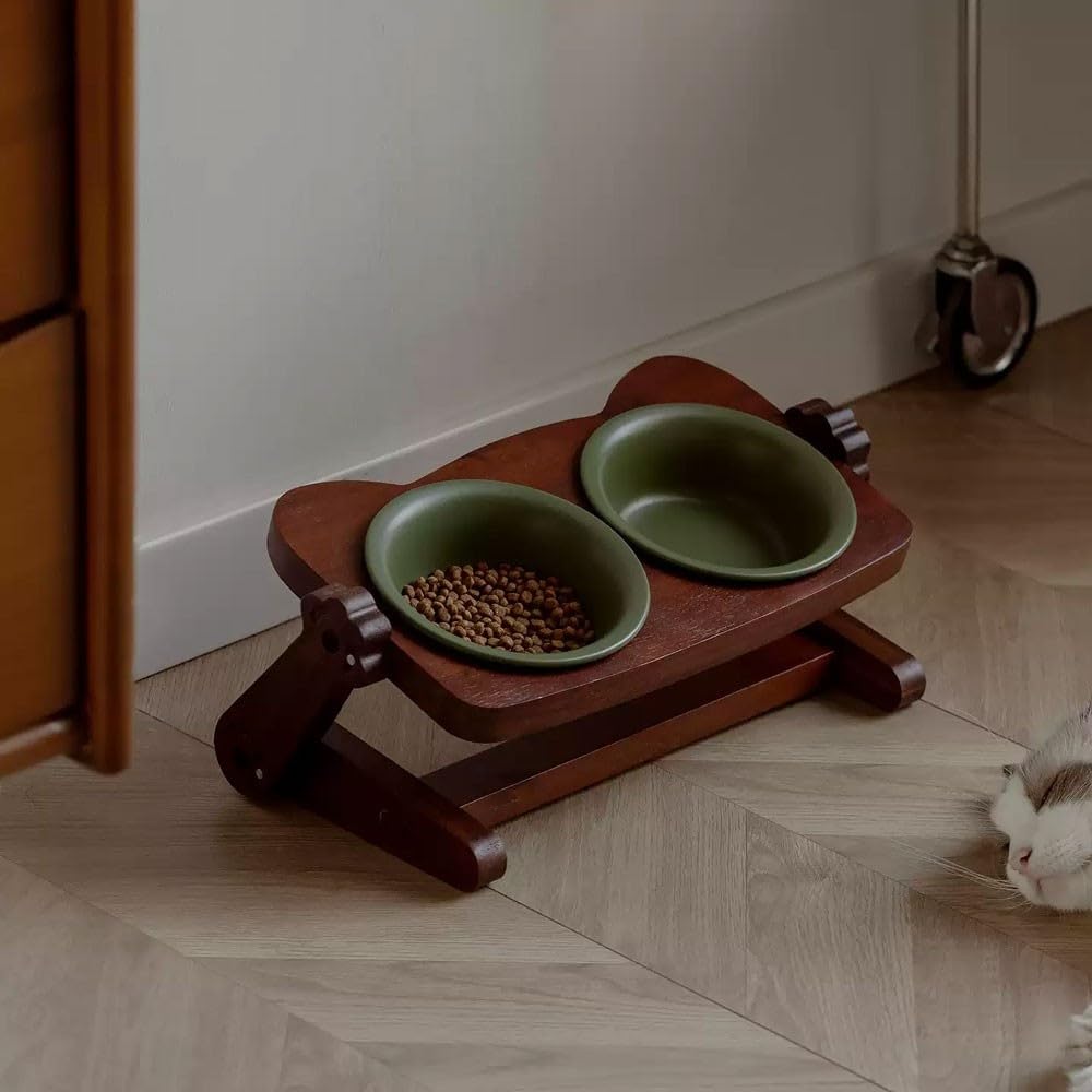 Ceramiczny zestaw podwyższonej miski dla kota ze stojakiem z drewna akacjowego(Coffee)