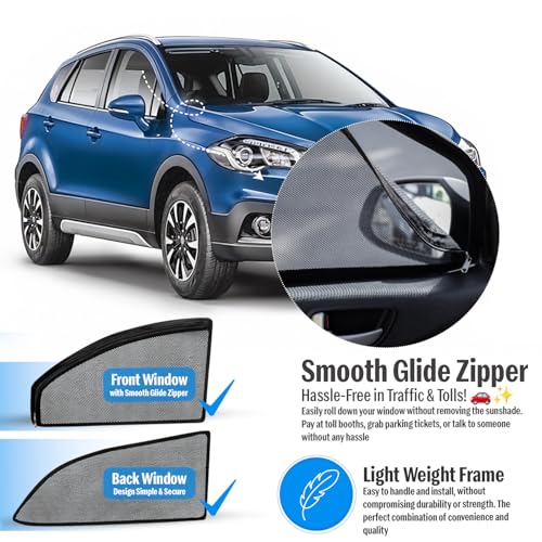 Image of Autofact Magnetic Car Sunshades Compatible with Maruti Scross (Set of 4) - Easy Installation, UV Protection, Keeps Car Cool (Front 2 with Zippers for Easy Access, Rear 2 Without Zippers)