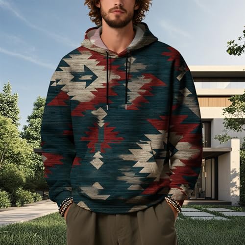 Western Sweatshirts for Men Aztec Printed Hoodies Oversized Fleece Jackets Long Sleeve Hooded Pullover with Pockets2