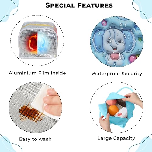 Image of Kraptick Printed Lunch Bag - Insulated Travel Tiffin Bag for Kids & Adults, Reusable Lunch Bag for Office, School Meal Organizer (Blue Elephant) (Pack of 2)