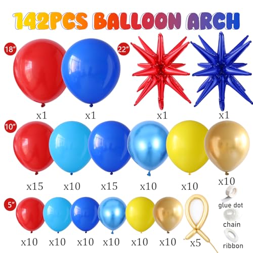 Image of 142 Pcs Red Blue Yellow Cartoon Hedgehog Balloon Arch Kit,Gold Circle Twisting Balloons with Exploding Star Foil Balloons for Video Game Theme Birthday Party Carnival Circus Baby Shower Decorations