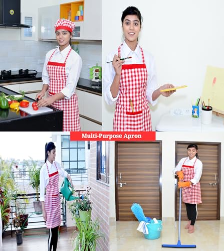 Image of Switchon Checkered Cotton Kitchen Cooking Apron with Chef Hat - Pack of 2 | Multi-Purpose Chef & Waiter Apron for Men & Women | Home, Hotels, Restaurants & Cafes | Proudly Made in India