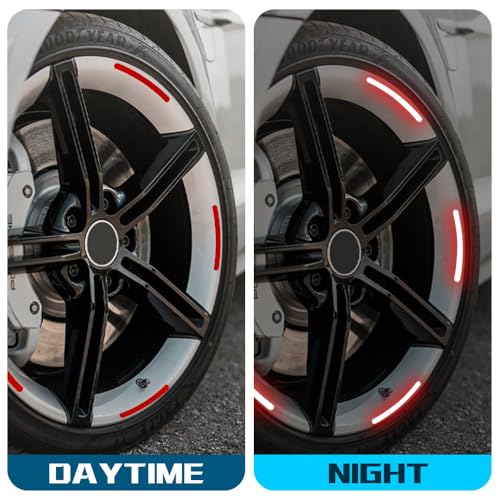 Image of 20PCS Reflective Car Wheel Decorative Stripe Stickers, Reflective Car Decal, Anti-Scratch Reflective Rim Stickers, Night Safety Warning Car Stickers Universal for Vehicles Motorcycles (Red)