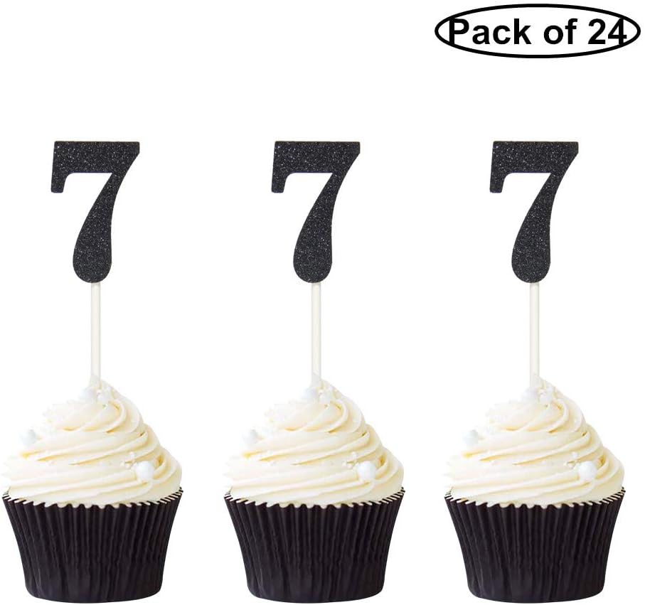 Pack of 24 Number 7 Cupcake Toppers Black Glitter 7th Birthday Cupcake Picks Anniversary Party Decor