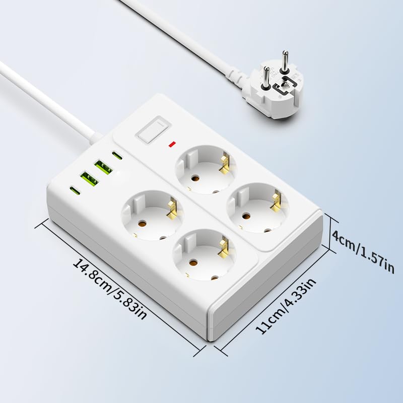 Steckdosenleiste 8-in-1 mit 4 AC-Steckdosen, 2 USB und 2 Type-C, 2500W, 10A, für Zuhause, Büro und Reisen (Weiß)