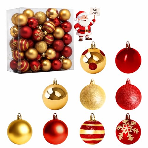 Trailabo Kit de 50 Bolas Enfeites de Natal, com Designs Brilhantes/Mate/Foscos/Trabalhados em Tamanhos, 3/4/6 cm, Enfeite de Árvore de Natal em Forma de Estrela - Vermelho e Dourado (50)