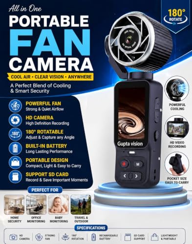 Image of Portable Fan Vlogging Camera 4K Video Recording, 180 Rotatable Auto Focus SD Card Support, Compact Handheld Camera for Travel, Vlogging & Outdoor
