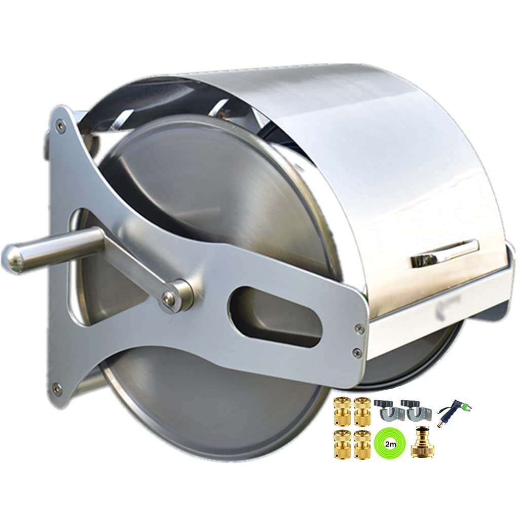 Carro portamangueras de jardín con Manguera, Soporte de Acero Inoxidable para mangueras de Agua con Tapa para Lavado de Coches y hogar, Organizador de mangueras para Pistolas de riego de Mon