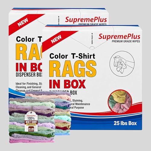 Image of New Colored Cotton Knit T-Shirt Cleaning Cloths, 2 x 25 lb Box of Rags, Reusable, Absorbent & Lint Free Rags Bulk for Oil, Grease, Spills, Engine, Tools Cleanup & Commercial Use (CBX)