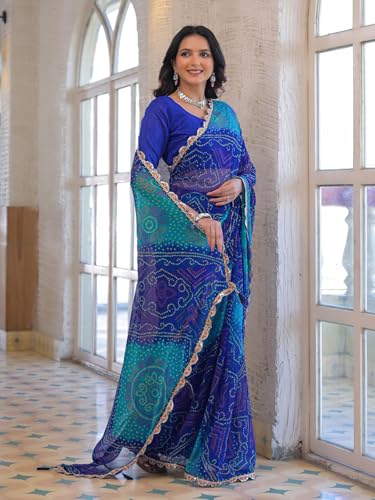 Image of SIRIL Women's Bandhani Printed Embroidery Georgette Saree with Unstitched Blouse Piece