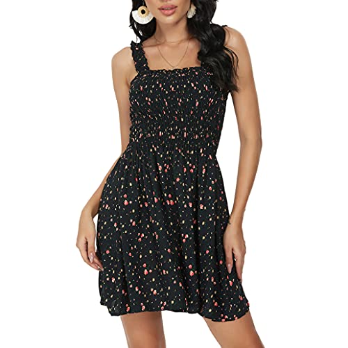 Pasidvy Women Summer Tie Shoulder Dress Smocked Ruffle Tube Top A Line Beach Mini Dress 05 (S, 6605 Black Floral)