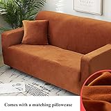 HM&DX Peluche Corto Revestimientos De Sofá Cubierta Color Sólido, Antideslizante 1 Pieza Funda De Sofá Elástica Cálido Cubierta del Sofá con Una Funda De Almohada-marrón 3 Plazas