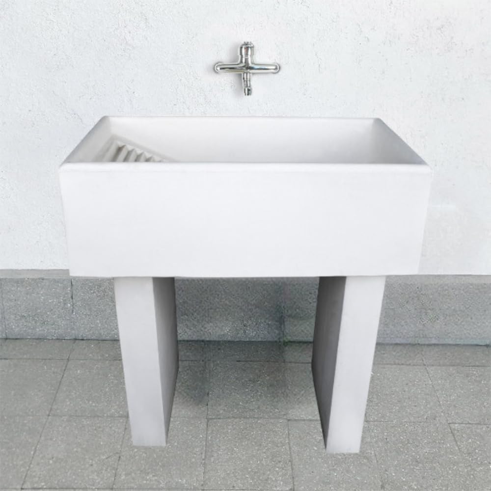 FORTUNATO Pilozza Lavatoio Serie Ostuni Bianco 84 x 50 x H.28 cm Con Piedi 10 x 40 x H 60 cm Bucato Lavanderia Giardino